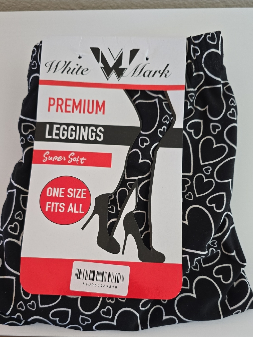 White Mark Black Leggings with White Heart Print